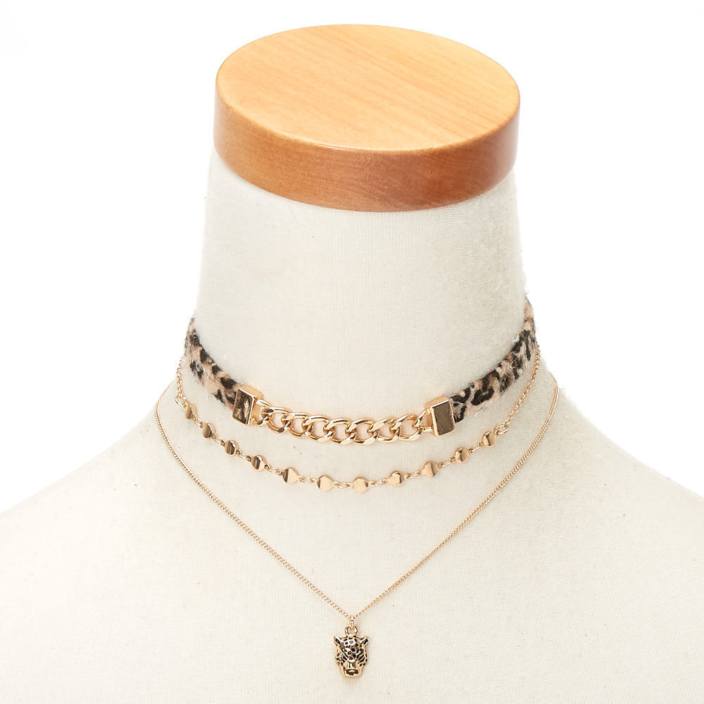 Gold Leopard Choker Necklaces 3 Pack
