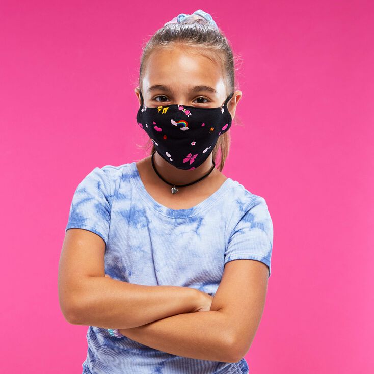 Cotton Black Rainbow Bow Print Face Mask - Child Medium/Large,