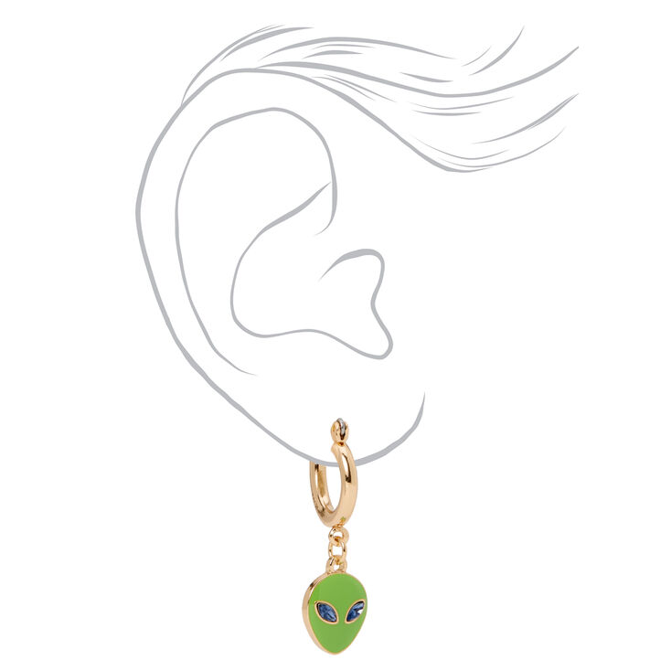 Green Alien 1&quot; Gold Hoop Drop Earrings,