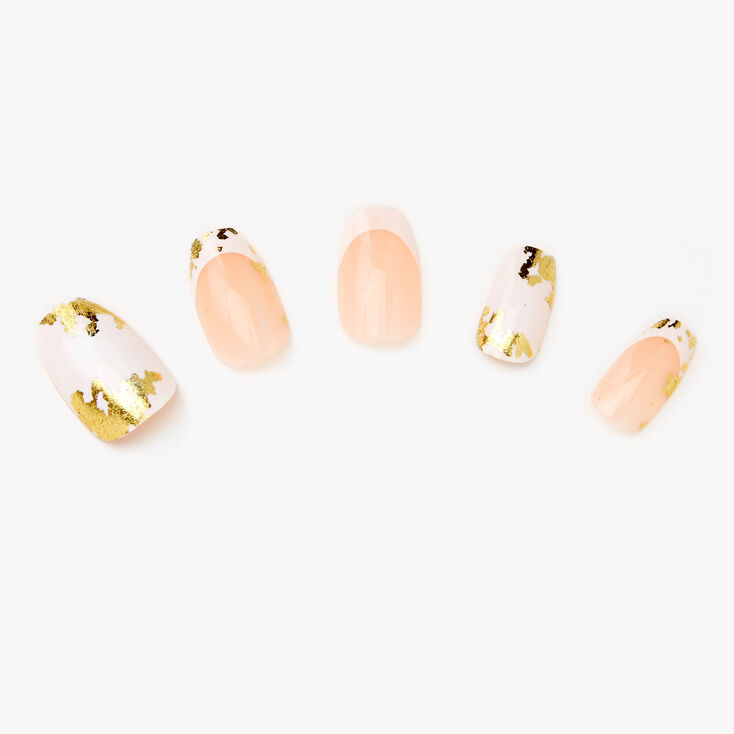White Marble Gold Foil Coffin Faux Nail Set - 24 Pack,