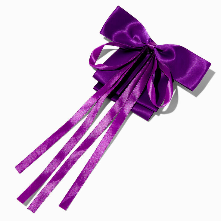 Jewel Tone Purple Long Ribbon Bow Barrette Hair Clip,