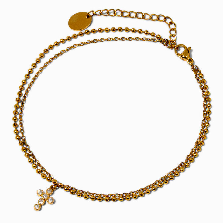 Gold-tone Crystal Cross Stainless Steel Multi-Strand Chain Anklet