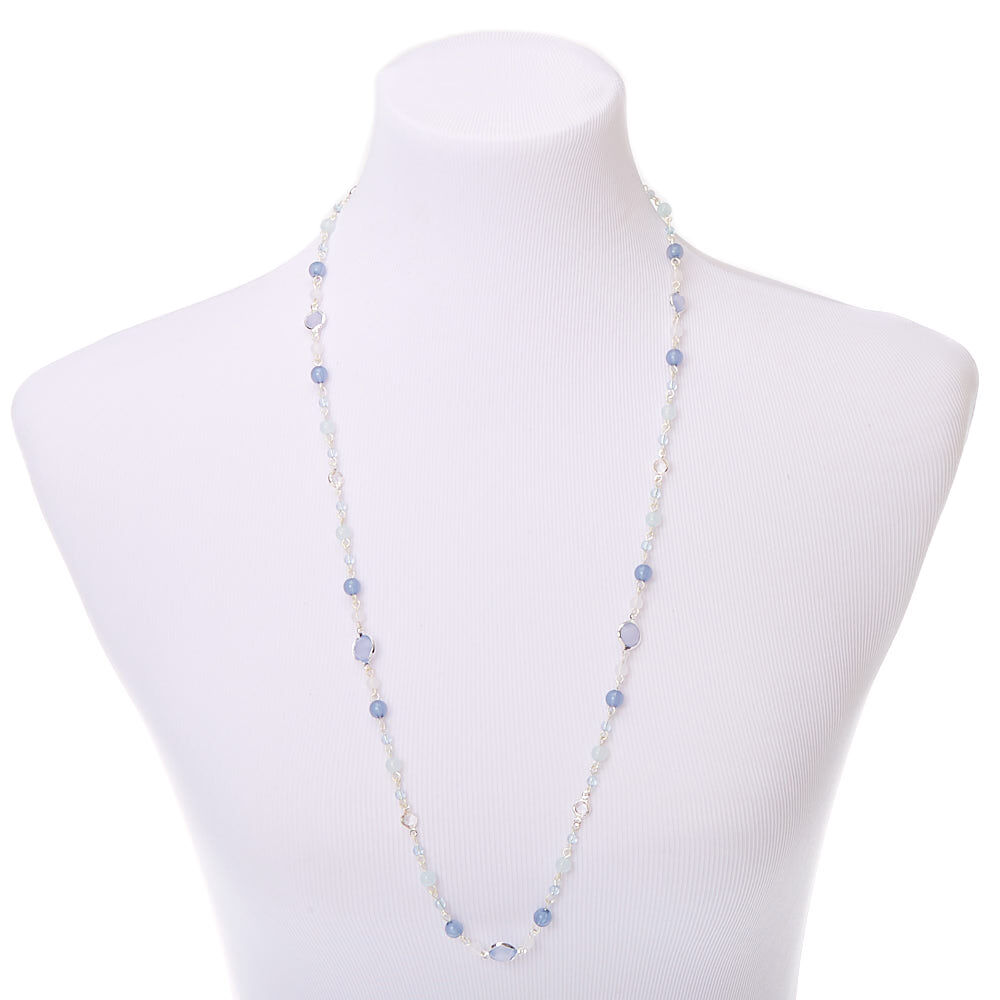 Silver Beaded Stone Long Necklace - Blue,