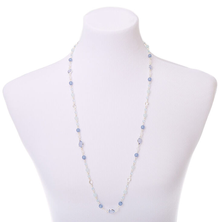 Silver Beaded Stone Long Necklace - Blue,