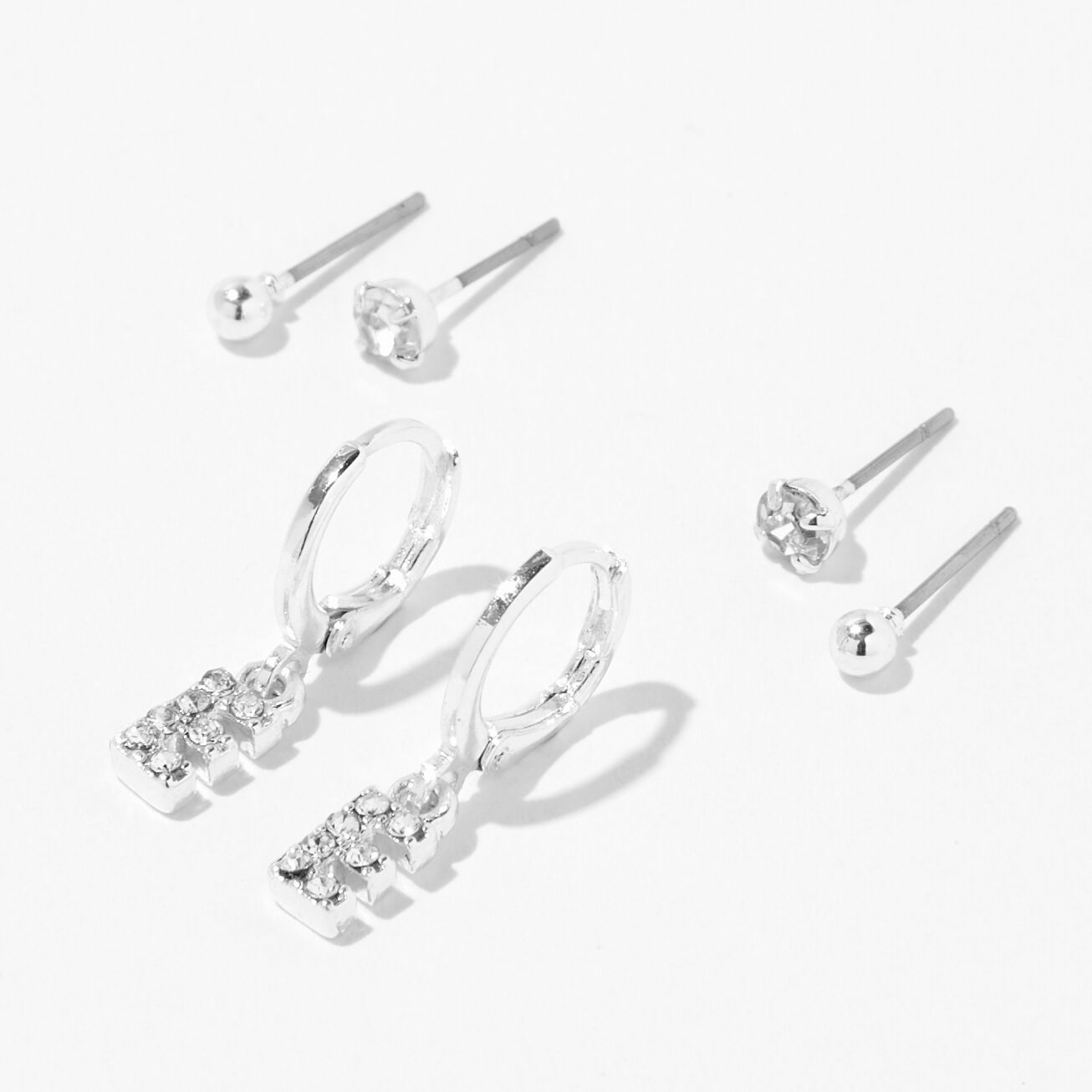Silver Initial Earring Stackables Set (3 Pack, E),