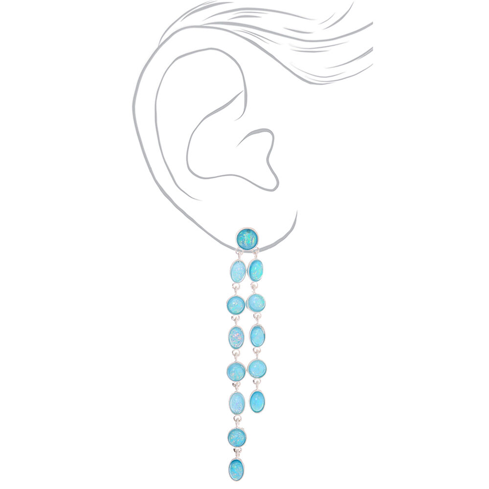 Silver 3" Linear Stone Drop Earrings - Turquoise,
