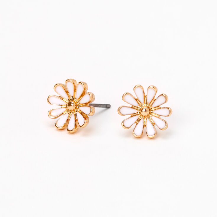 Gold Daisy Flower Stud Earrings - White,