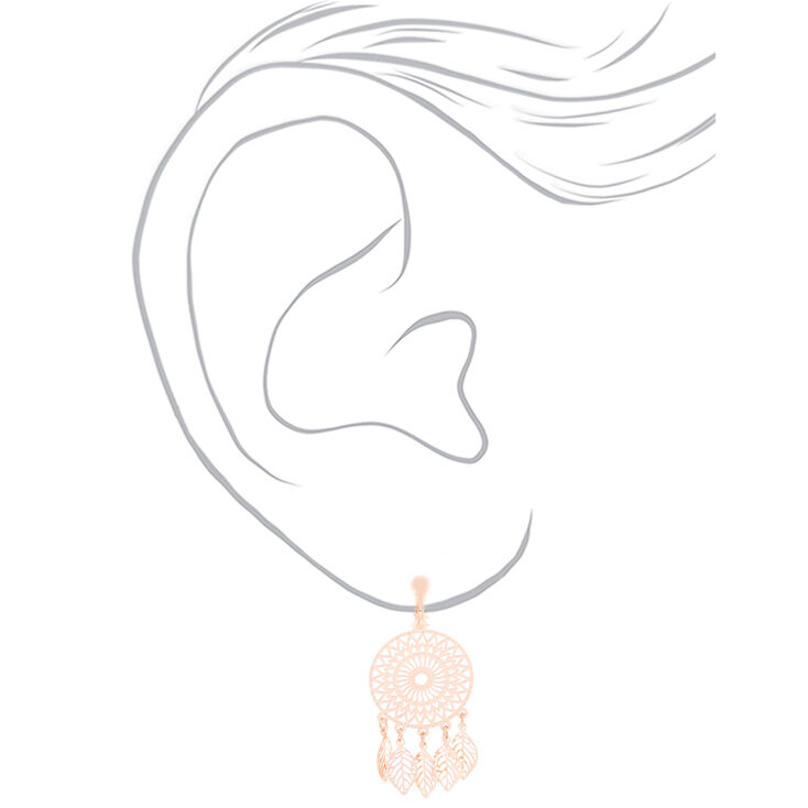 Rose Gold 1&quot; Dream Catcher Clip On Drop Earrings,