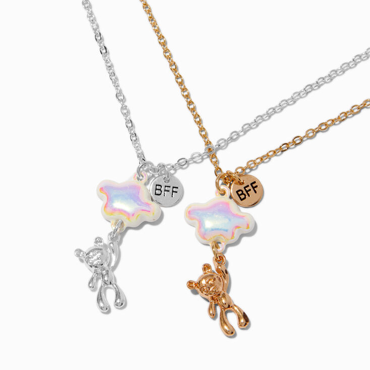 Best Friends Mixed Metal Iridescent Cloud Teddy Bear Pendant Necklaces - 2 Pack,