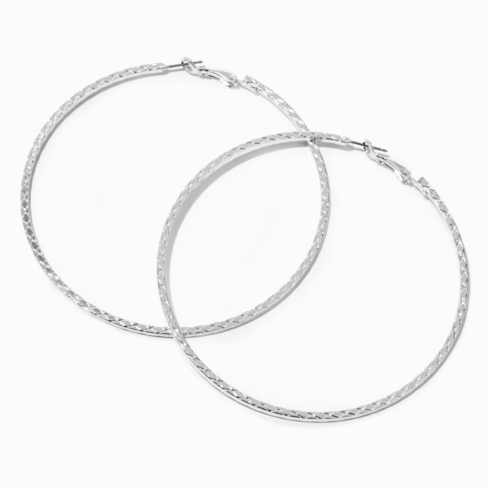 View Claires Tone Textured Snakeskin 80MM Hoop Earrings Silver information