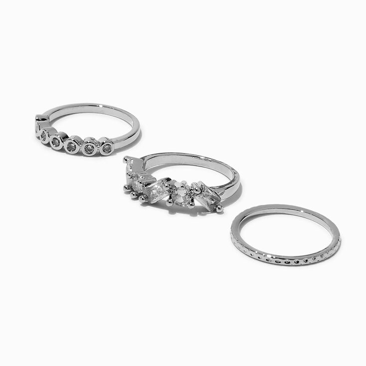 Silver-tone Cubic Zirconia Scattered Baguette Rings - 3 Pack,