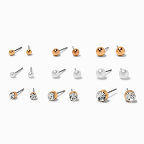 Gold-tone Graduated Ball, Crystal &amp; Pearl Earrings Set - 9 Pack,