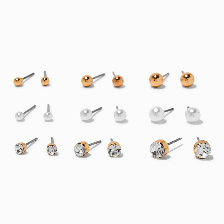 Gold-tone Graduated Ball, Crystal &amp; Pearl Earrings Set - 9 Pack,