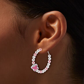 Pink &amp; White Beaded Butterfly Hoop Earrings,