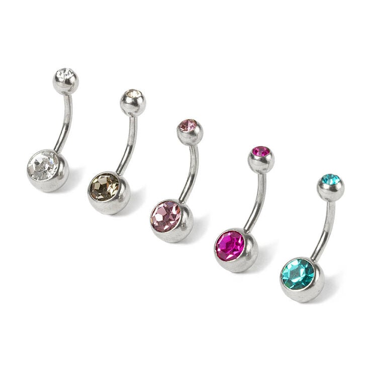 5 Pack 14G Silver & Colored Crystal Belly Rings | Claire's US