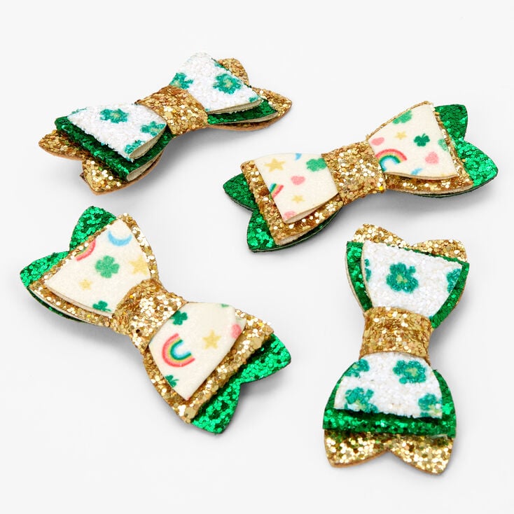 Glitzy St. Patrick&#39;s Day Hair Bow Clip - Green and Gold,