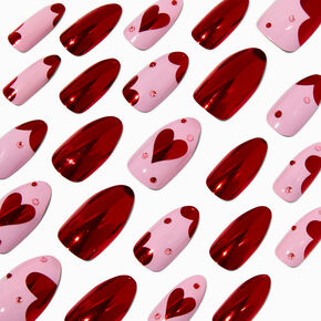 Metallic Red Heart Valentine&#39;s Day Almond Press On Faux Nail Set - 24 Pack,