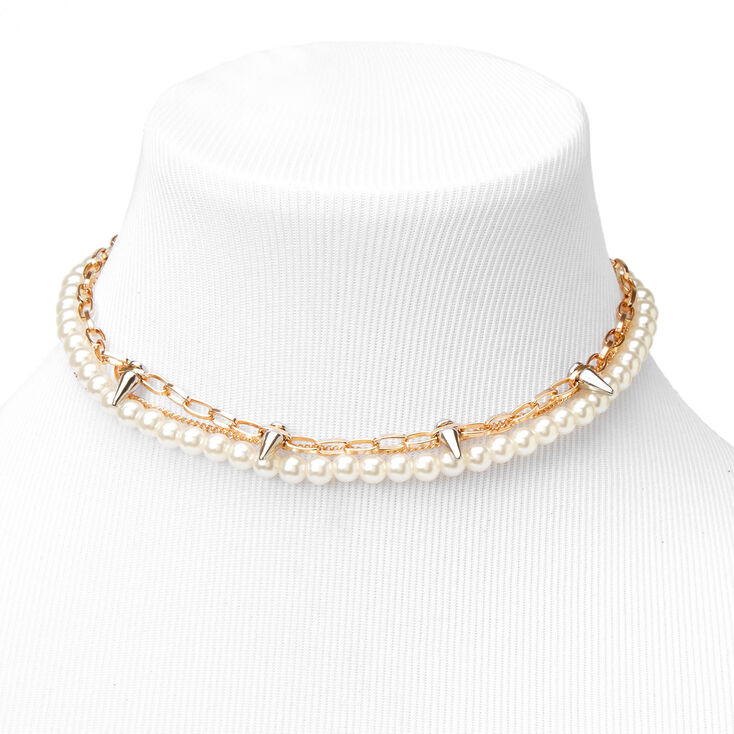 Gold Pearls and Spikes Three-Row Choker Necklace,