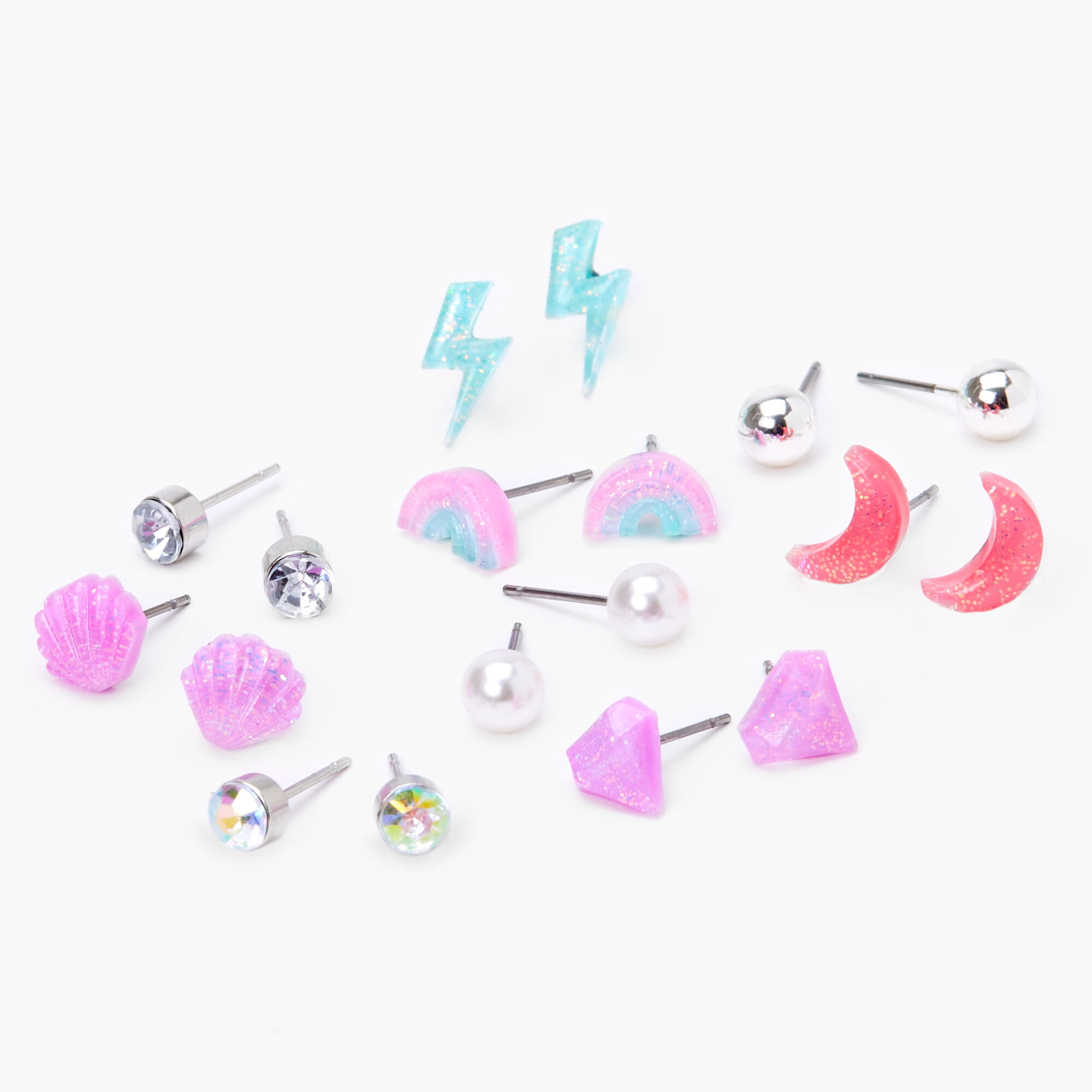Silver Pastel Rainbow Glitter Stud Earrings 9 Pack Claire S