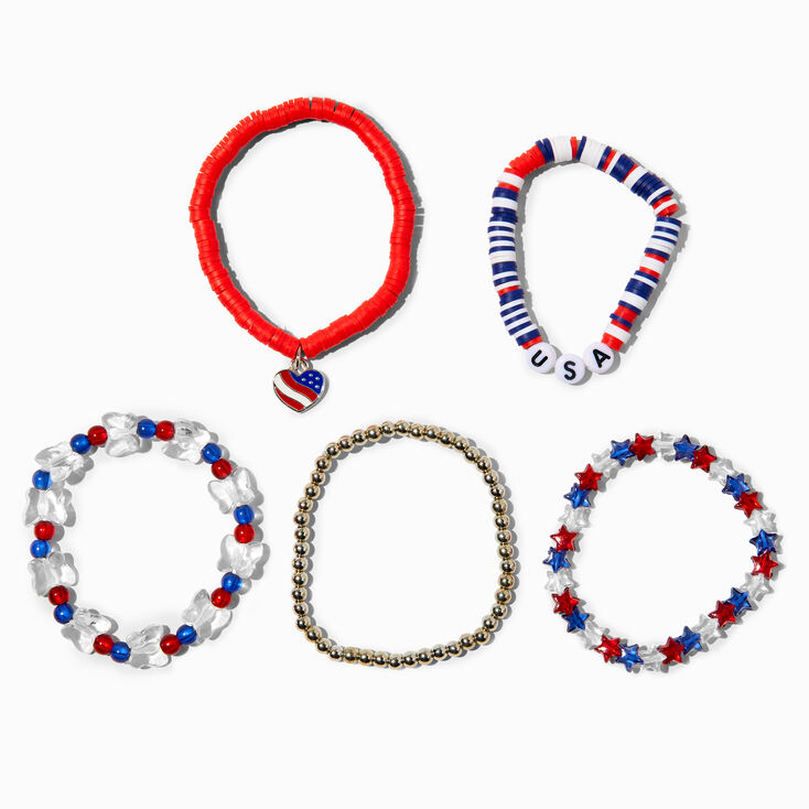 Patriotic Red, White, &amp; Blue Beaded Bracelets - 5 Pack,