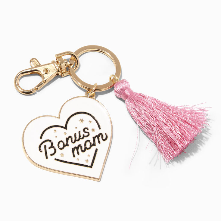 &quot;Bonus Mom&quot; Pink Tassel Heart Keychain,