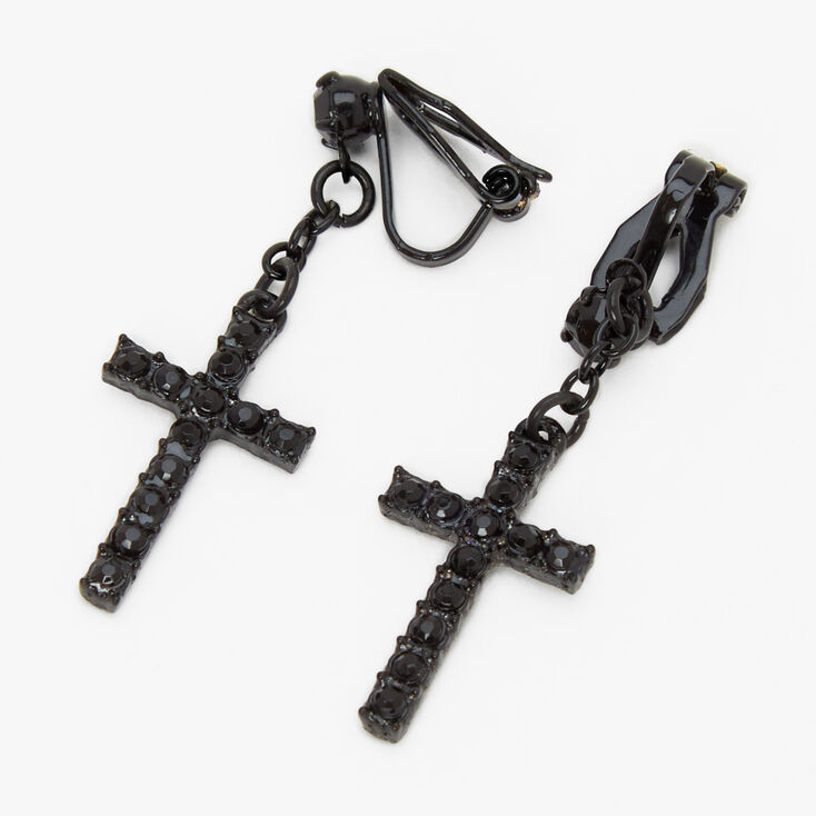 Black Embellished Cross 1.5&quot; Clip On Drop Earrings,