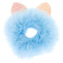 Chouchou holographique avec oreilles en fausse fourrure bleue,