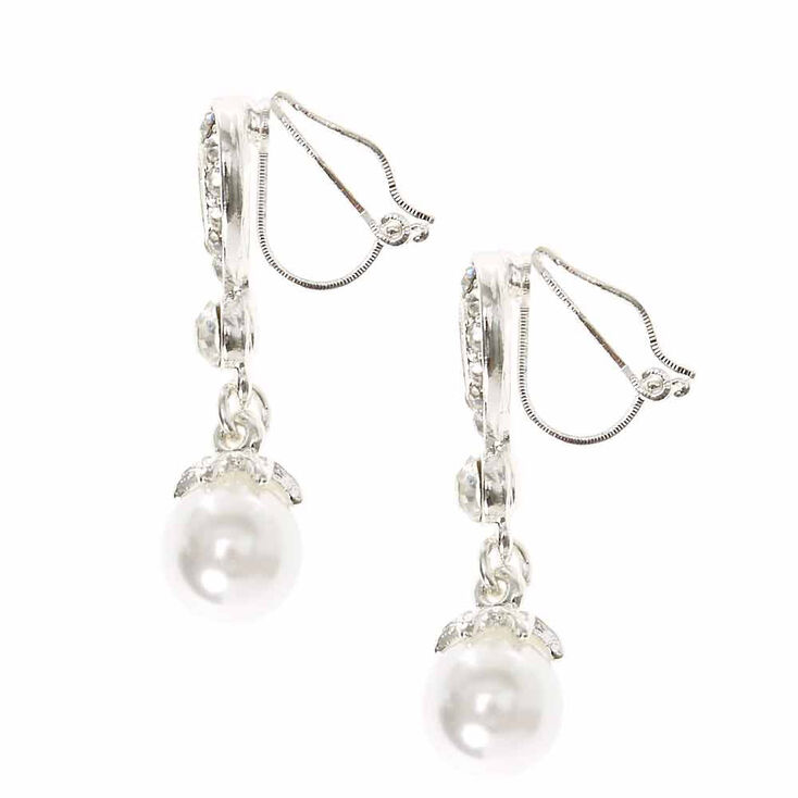 Crystal Teardrop and White Faux Pearl Clip-on Drop Earrings,