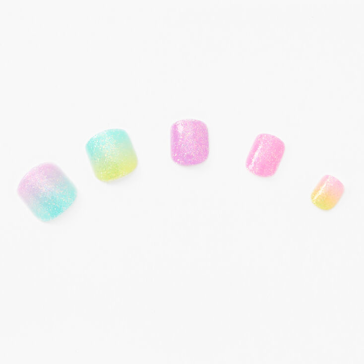 Faux ongles vegan autocollants carr&eacute;s arc-en-ciel d&eacute;grad&eacute; &agrave; paillettes - Lot de 24,