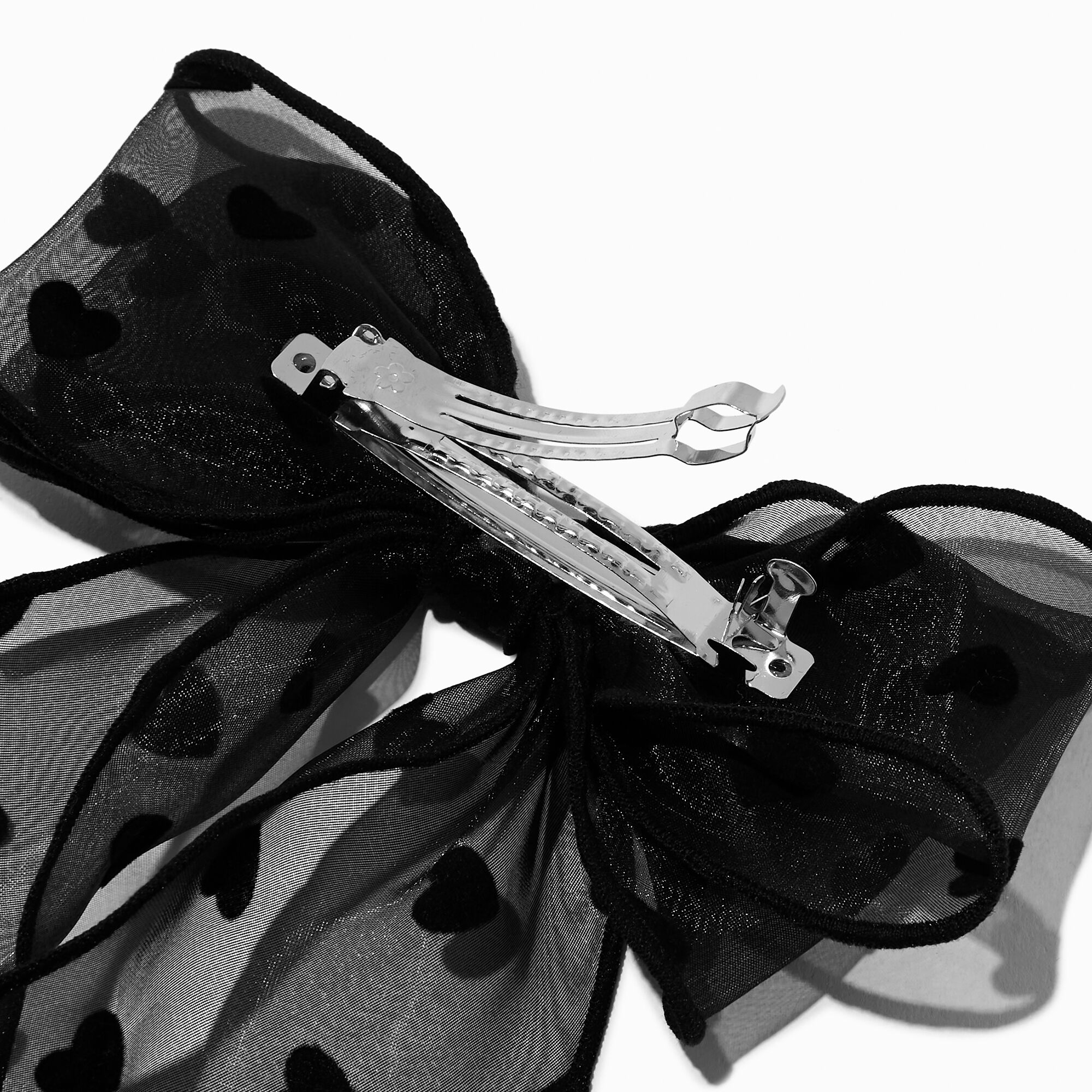 Black Sheer Heart Long Tail Hair Bow Clip,