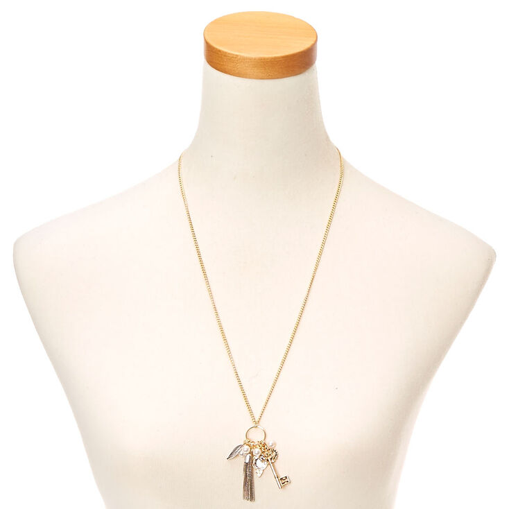 Gold Tassel &amp; Key Cluster Pendant Necklace,