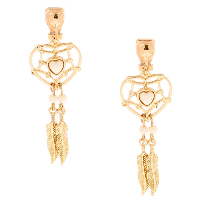 Gold 1 5 Dreamcatcher Clip On Drop Earrings Claire S Us