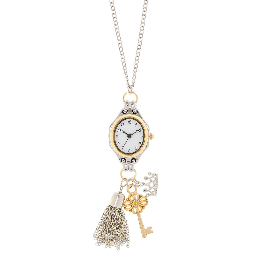 Silver Tone Long Watch Charm Necklace,