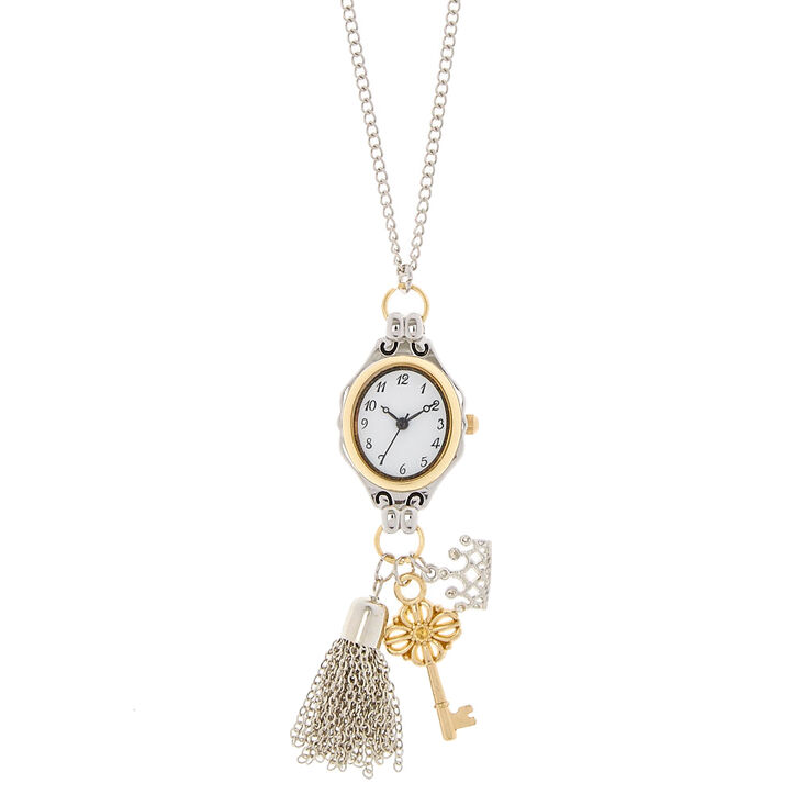 Silver Tone Long Watch Charm Necklace,
