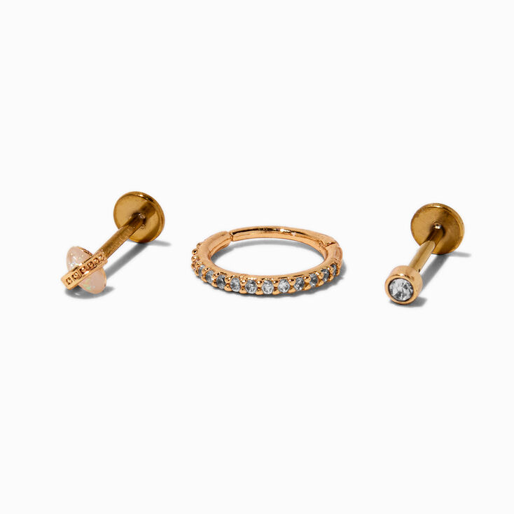 Gold-tone Stainless Steel Cubic Zirconia 18G Stud &amp; Hoop Threadless Cartilage Earrings - 3 Pack,