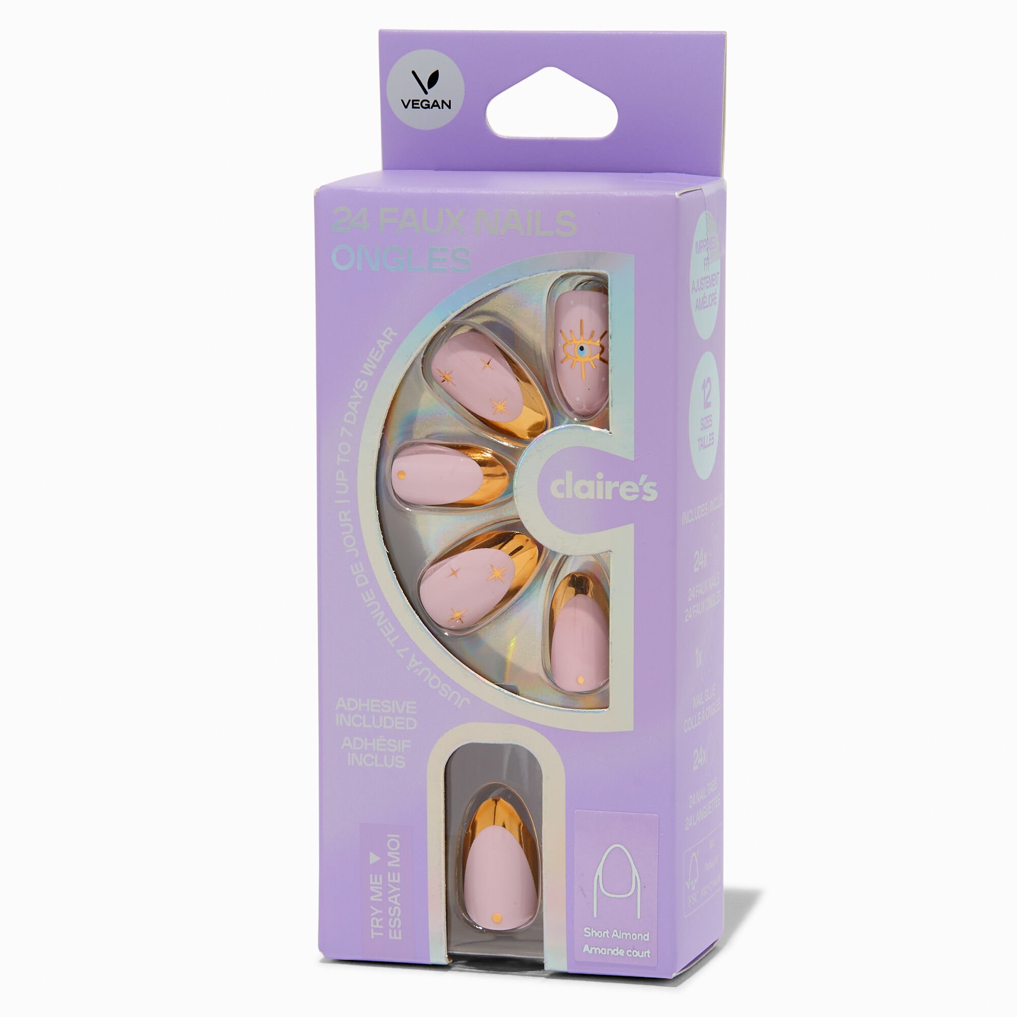 Gold Celestial French Tip Short Almond Vegan Faux Nail Set - 24 Pack,