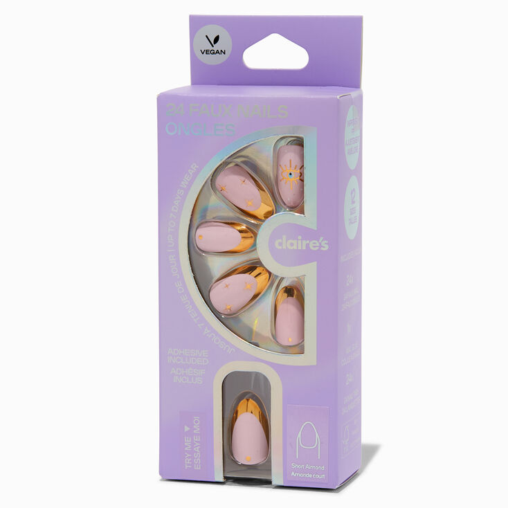 Gold Celestial French Tip Short Almond Vegan Faux Nail Set - 24 Pack,
