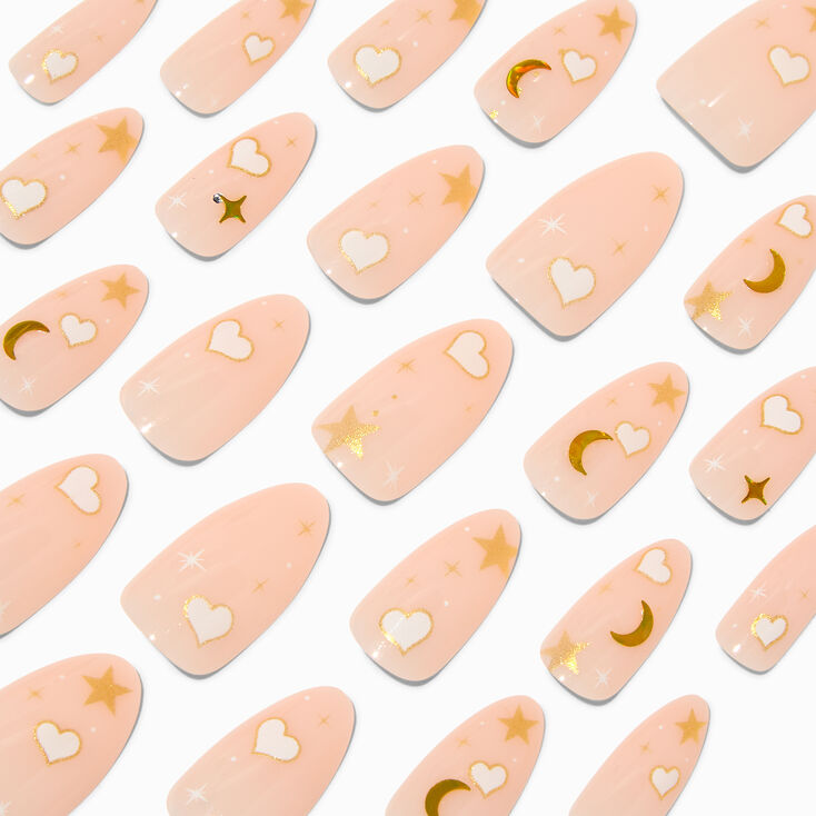 White Heart Stars Long Almond Vegan Faux Nail Set - 24 Pack,