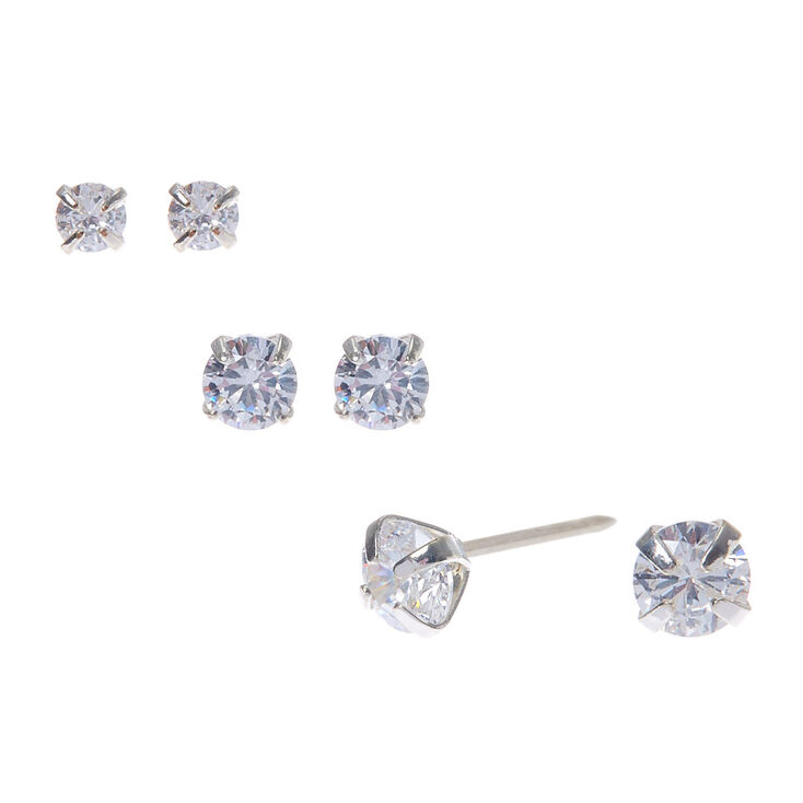 Silver Cubic Zirconia Round Stud Earrings - 3MM, 4MM, 5MM,