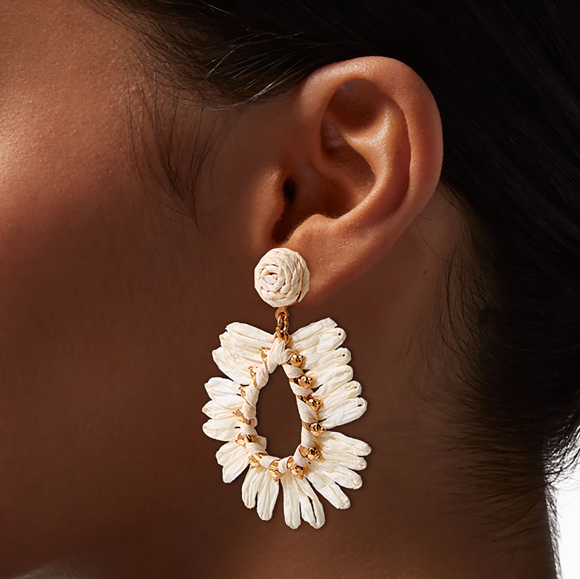 Tan Raffia Teardrop Drop Earrings,
