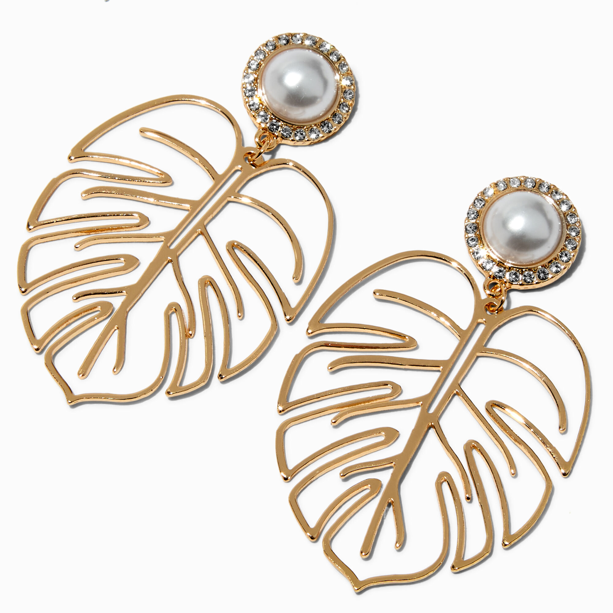 View Claires Pearl Crystal Tone Monstera Leaf 3 Drop Earrings Gold information