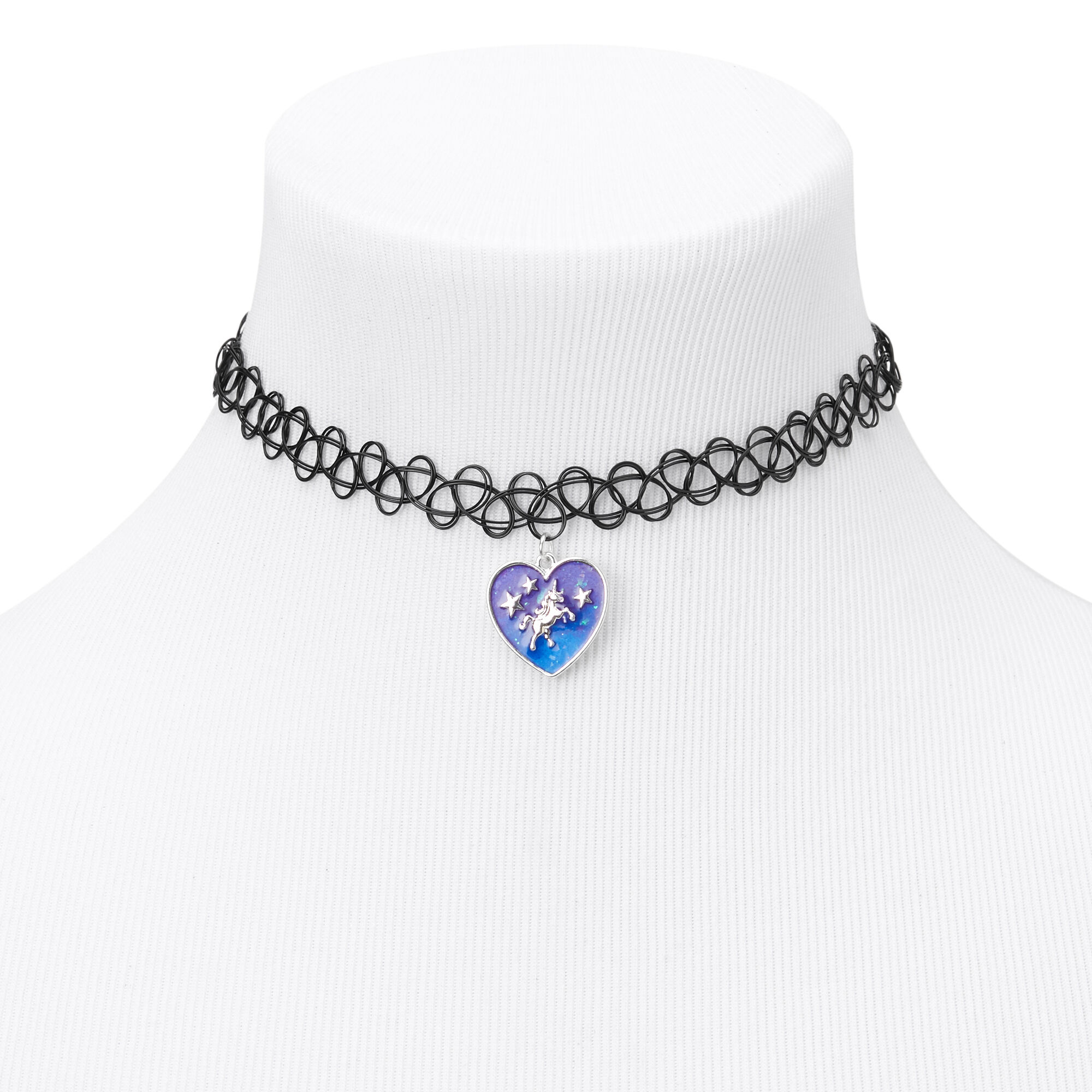 View Claires Unicorn Heart Tattoo Choker Necklace Black information