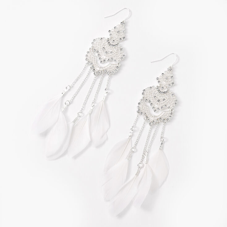 Silver 5&quot; Filigree Feather Drop Earrings - White,