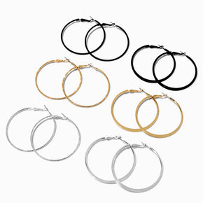 Mixed Metal Sleek Textured 50mm Hoop Earrings - 6 Pack,