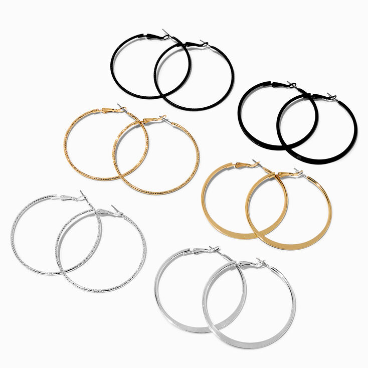 Mixed Metal Sleek Textured 50mm Hoop Earrings - 6 Pack,