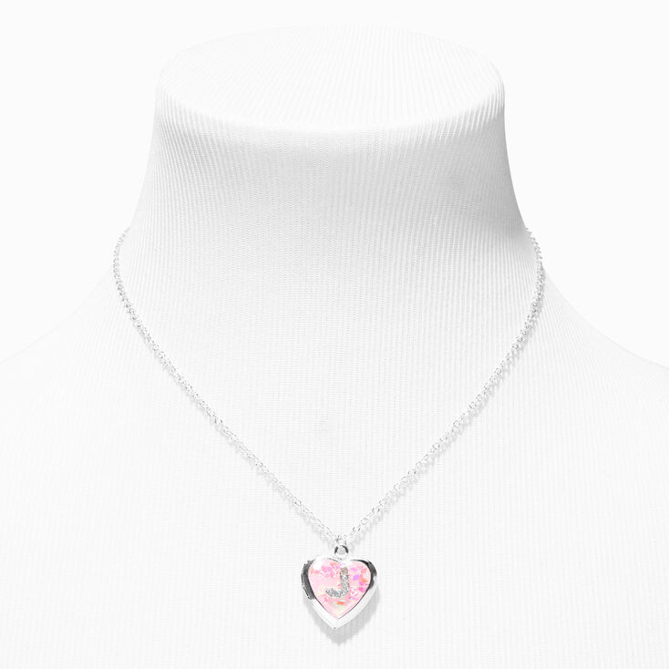 Pink Embellished Initial Glitter Heart Locket Necklace - J,