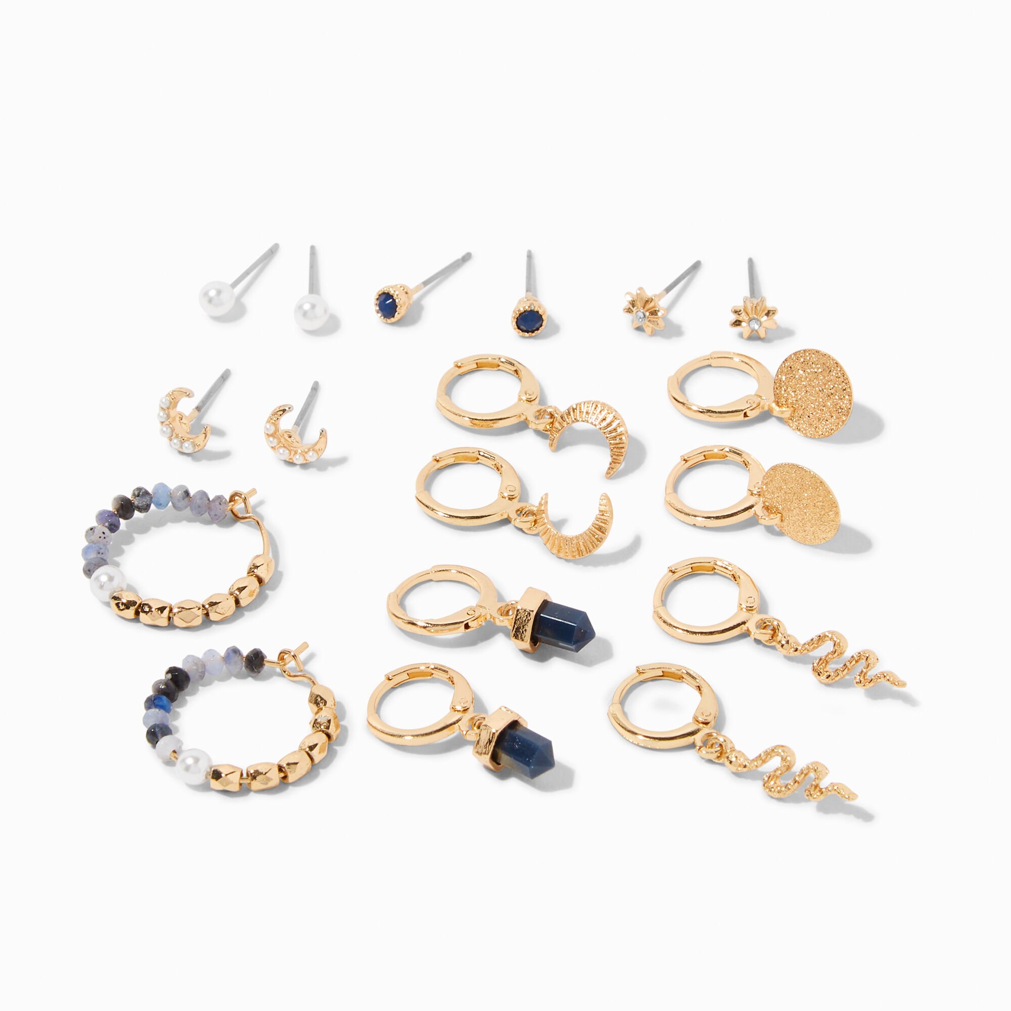 View Claires Mystical Icons Mixed Stud Hoop Earring Set 9 Pack Gold information