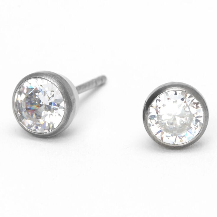 Silver Titanium Cubic Zirconia 5MM Round Bezel Stud Earrings,