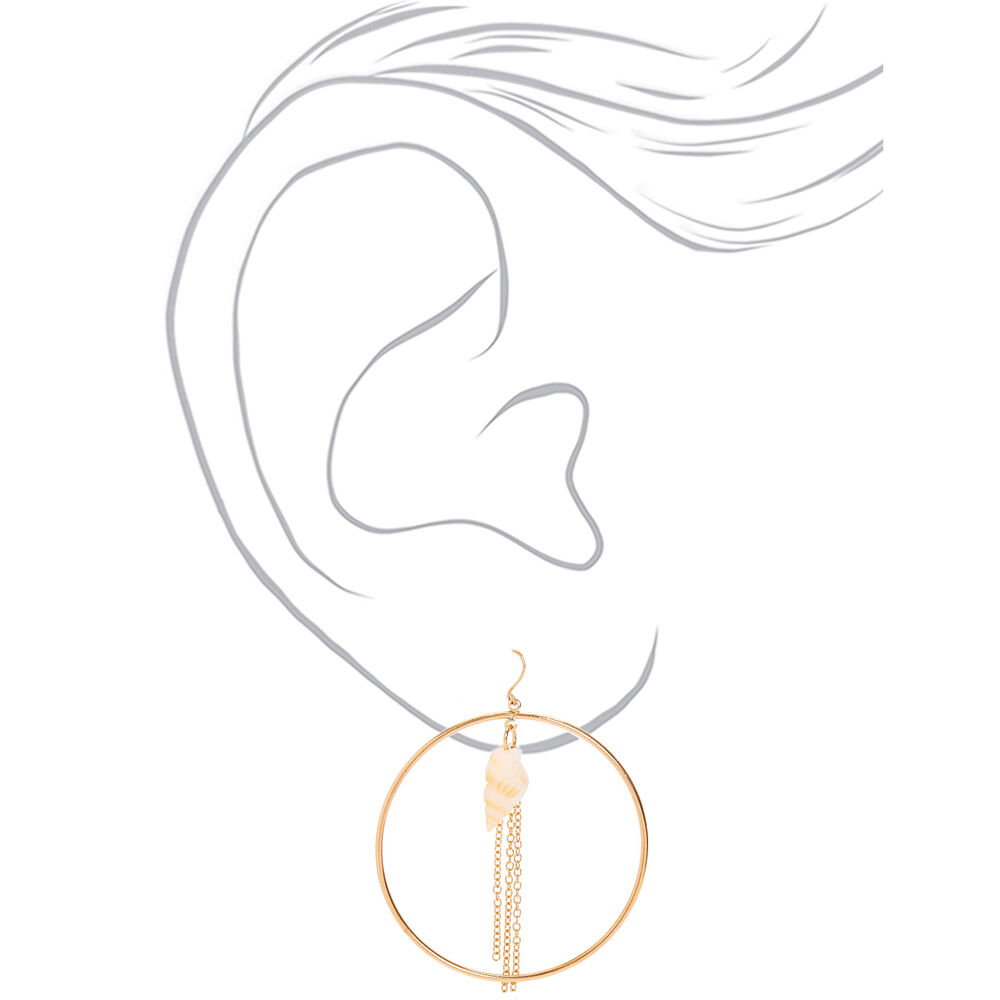 Gold 2" Seashell Circle Drop Earrings,