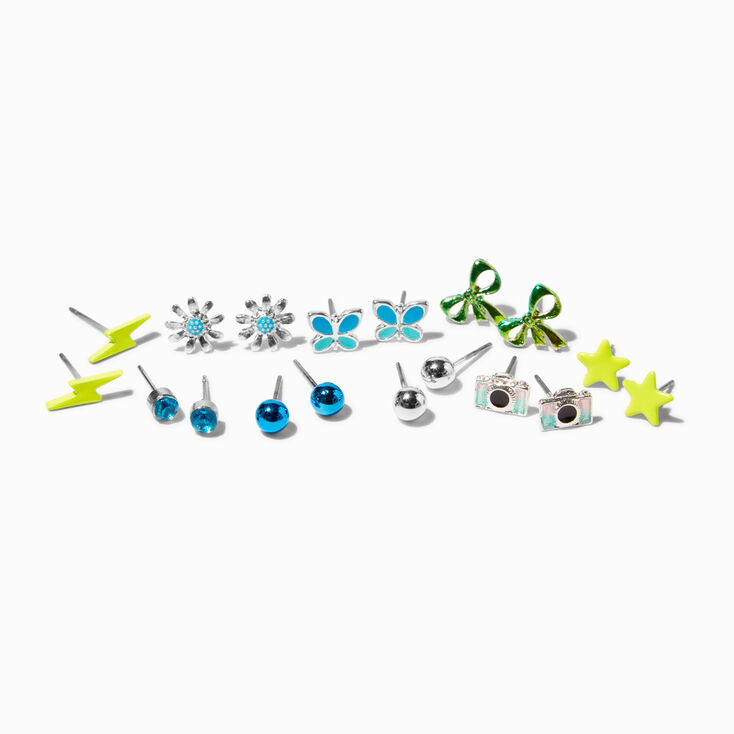 Blue &amp; Green Mixed Stud Earrings - 9 Pack,